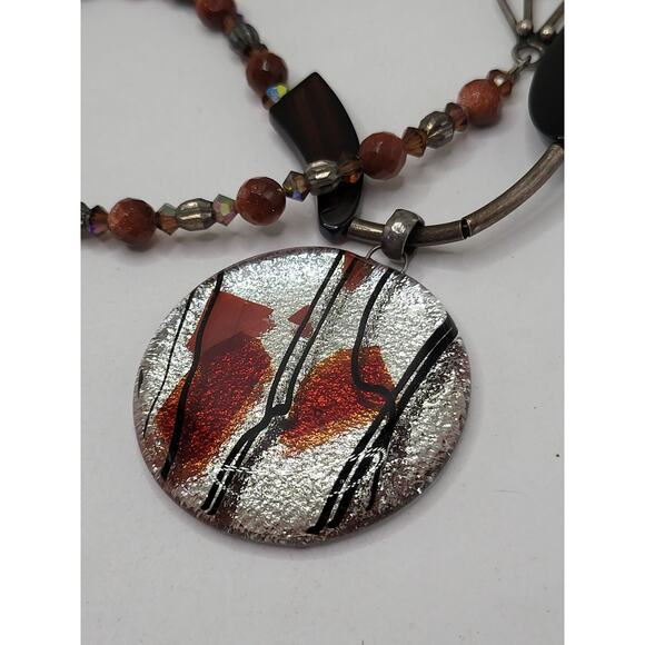 Fused Glass Art Pendant Necklace Goldstone Beaded Boho Statement 19 In - Picture 3 of 13